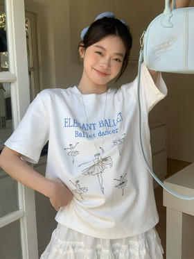 西遇白色宽松正肩短袖T恤女2026夏季新款芭蕾风字母印花休闲上衣SS060326