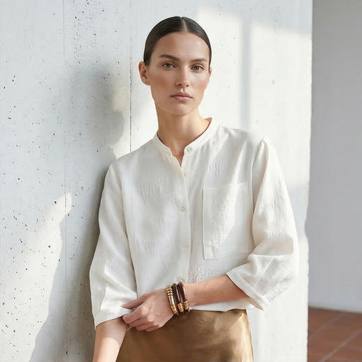 PALUOPO/PL19姆米冠乐绉立领新中式外套高级感提花真丝衬衫ES250186Z 商品图2