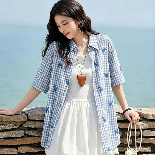 Schenvega情侣小马格子印花短袖衬衣 减龄穿搭 拿捏职场 松弛度假 男女同款 ELXM99-CY669 商品图4