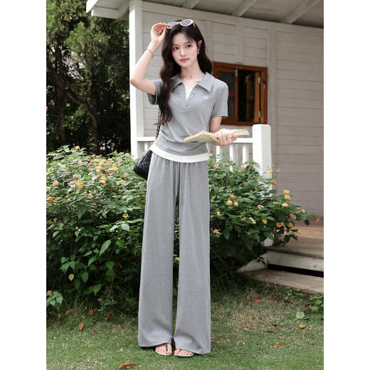 鹿向南「灰屿闲光」假两件短袖上衣时尚灰色套装夏季休闲裤俩件套 商品图2