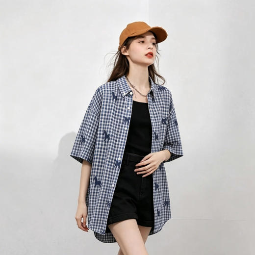 Schenvega情侣小马格子印花短袖衬衣 减龄穿搭 拿捏职场 松弛度假 男女同款 ELXM99-CY669 商品图1