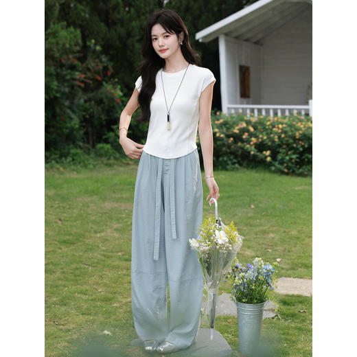 鹿向南「绿野晨息」蓝色休闲裤子女夏季巨好看松弛感薄款阔腿长裤 商品图1