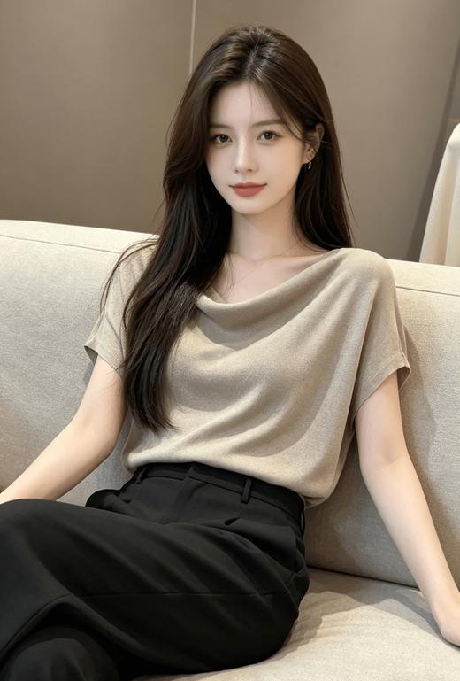 法式荡领冰丝针织衫女夏新款气质显瘦百搭简约高级感洋气别致上衣 商品图2