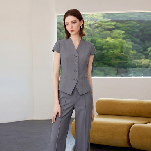 IWY/高级感灰色短袖西装套装女夏职场通勤微喇裤职业装两件套CP2327 商品图1