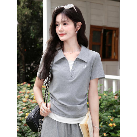 鹿向南「灰屿闲光」假两件短袖上衣时尚灰色套装夏季休闲裤俩件套 商品图3