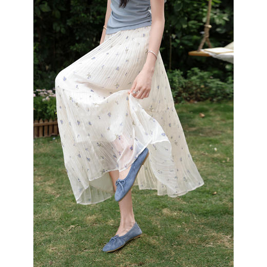 鹿向南「云间花褶」杏色碎花半身裙女夏季高腰显瘦A字大摆长裙子 商品图2