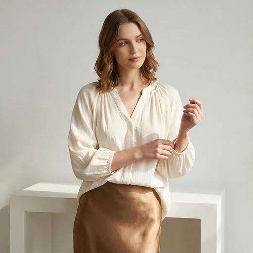 PALUOPO/PL19姆米冠乐绉桑蚕丝春夏V领减龄提花百搭长袖衬衫ES250588Z 商品图1