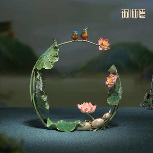 铜师傅《夏日荷韵》客厅桌面铜翠鸟荷花摆件 家居装饰工艺品 商品图6