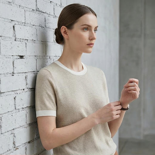 PALUOPO/PL高支桑蚕丝&棉圆领时尚拼色短袖百搭简约舒适T恤ES250310Z 商品图5