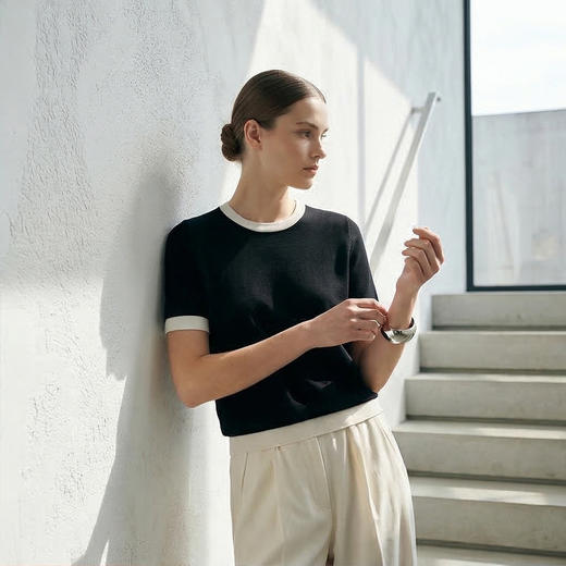 PALUOPO/PL高支桑蚕丝&棉圆领时尚拼色短袖百搭简约舒适T恤ES250310Z 商品图1