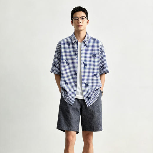 Schenvega情侣小马格子印花短袖衬衣 减龄穿搭 拿捏职场 松弛度假 男女同款 ELXM99-CY669 商品图10