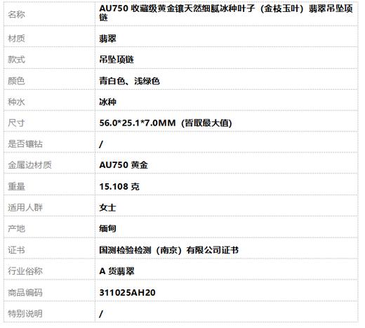 【天然正品】A货翡翠AU750收藏级黄金镶天然细腻冰种叶子（金枝玉叶）翡翠吊坠项链56.0*25.1*7.0MM（皆取最大值）311025AH20 商品图9