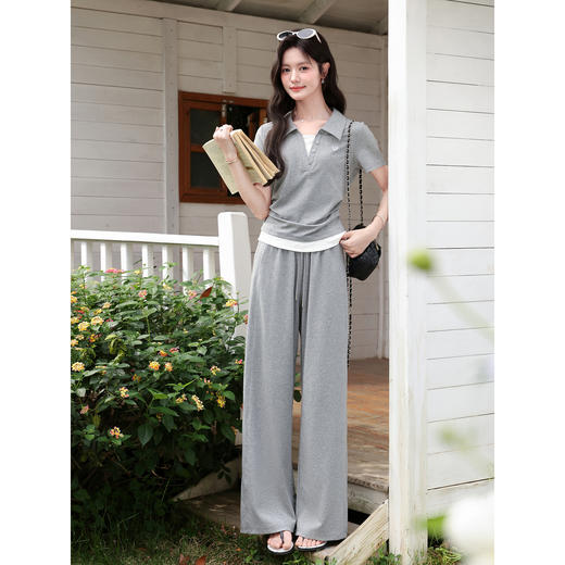 鹿向南「灰屿闲光」假两件短袖上衣时尚灰色套装夏季休闲裤俩件套 商品图0
