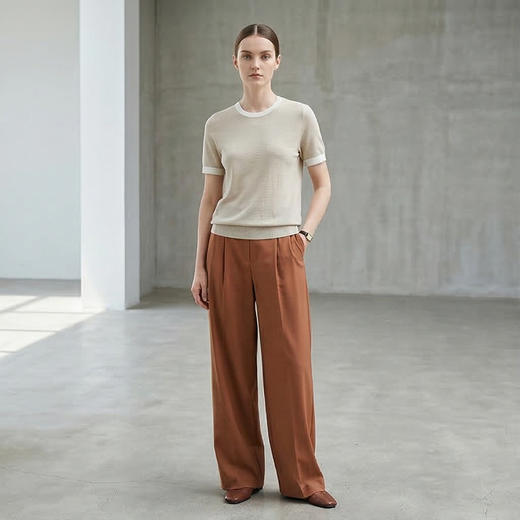 PALUOPO/PL高支桑蚕丝&棉圆领时尚拼色短袖百搭简约舒适T恤ES250310Z 商品图4