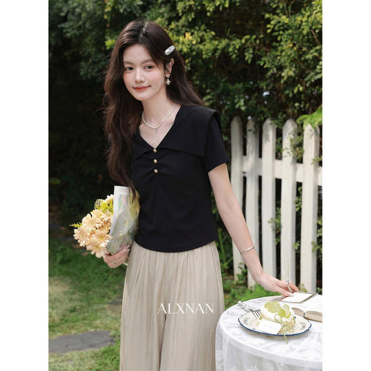 鹿向南「浅夏微光」气质翻领黑色T恤女夏季新款修身显瘦短袖上衣 商品图4