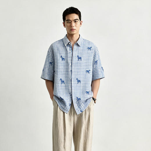 Schenvega情侣小马格子印花短袖衬衣 减龄穿搭 拿捏职场 松弛度假 男女同款 ELXM99-CY669 商品图7