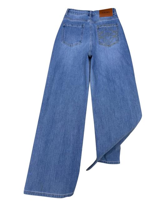 女款后口袋刺绣直筒牛仔裤长裤la014 商品图1