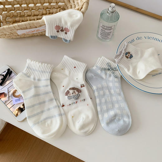 5双一组！蓝白色系春夏短袜棉袜女 可爱小狗蝴蝶结kt条纹 透气薄款 柔软舒适 百搭好看35-39码 商品图1
