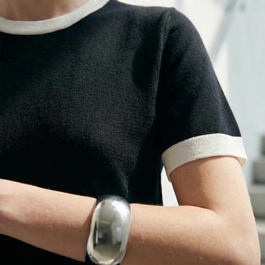 PALUOPO/PL高支桑蚕丝&棉圆领时尚拼色短袖百搭简约舒适T恤ES250310Z 商品图3