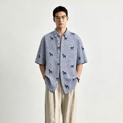 Schenvega情侣小马格子印花短袖衬衣 减龄穿搭 拿捏职场 松弛度假 男女同款 ELXM99-CY669 商品图12
