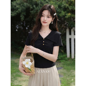 鹿向南「浅夏微光」气质翻领黑色T恤女夏季新款修身显瘦短袖上衣