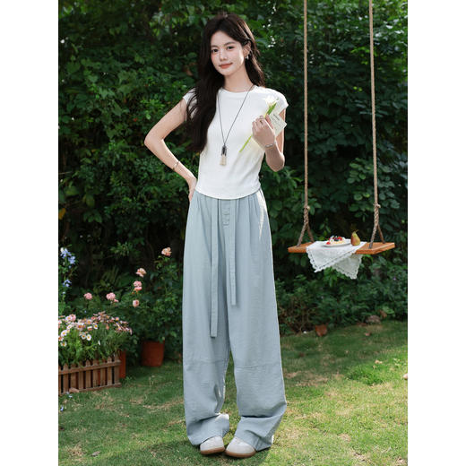 鹿向南「绿野晨息」蓝色休闲裤子女夏季巨好看松弛感薄款阔腿长裤 商品图2