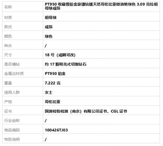 【天然正品】PT950收藏级铂金豪镶钻镶天然哥伦比亚微油艳绿色3.09克拉祖母绿戒指18号（戒圈可改）100426TJ03 商品图8