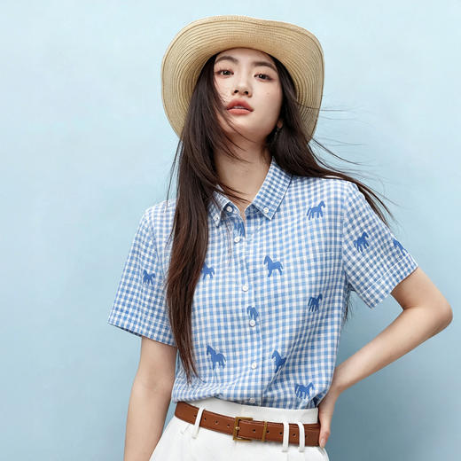 Schenvega情侣小马格子印花短袖衬衣 减龄穿搭 拿捏职场 松弛度假 男女同款 ELXM99-CY669 商品图0