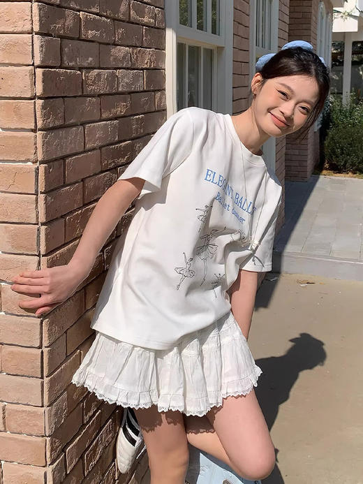 西遇白色宽松正肩短袖T恤女2026夏季新款芭蕾风字母印花休闲上衣SS060326 商品图2