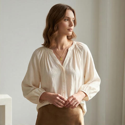 PALUOPO/PL19姆米冠乐绉桑蚕丝春夏V领减龄提花百搭长袖衬衫ES250588Z 商品图2