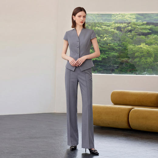 IWY/高级感灰色短袖西装套装女夏职场通勤微喇裤职业装两件套CP2327 商品图2