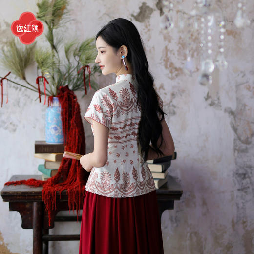 逸红颜《珑曦》26年夏新锦绣诗画新中式定位纹样人丝麻旗袍上衣女 商品图3