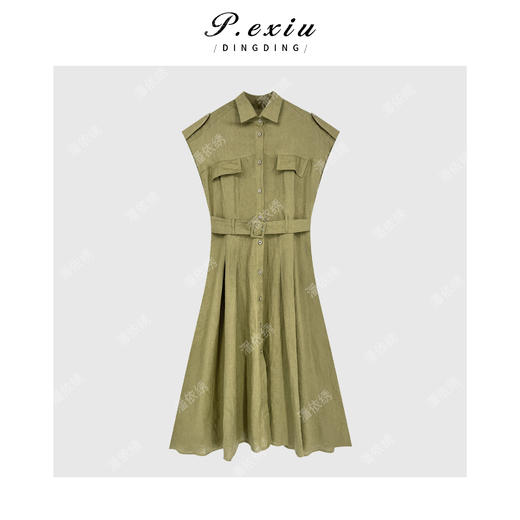 PanYiXiu/潘依绣100%亚麻气质显瘦肩扣翻领长袖风衣连衣裙 M8950 商品图1