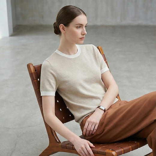 PALUOPO/PL高支桑蚕丝&棉圆领时尚拼色短袖百搭简约舒适T恤ES250310Z 商品图6