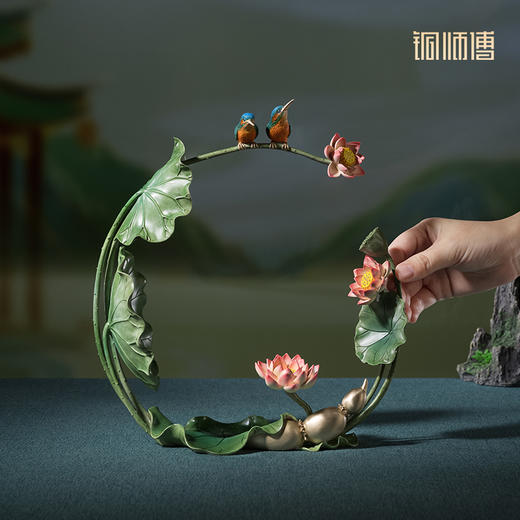 铜师傅《夏日荷韵》客厅桌面铜翠鸟荷花摆件 家居装饰工艺品 商品图4