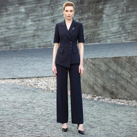 IWY/藏青色商务短袖西装套装女夏季气质职业装双排扣正装工作服WCP511