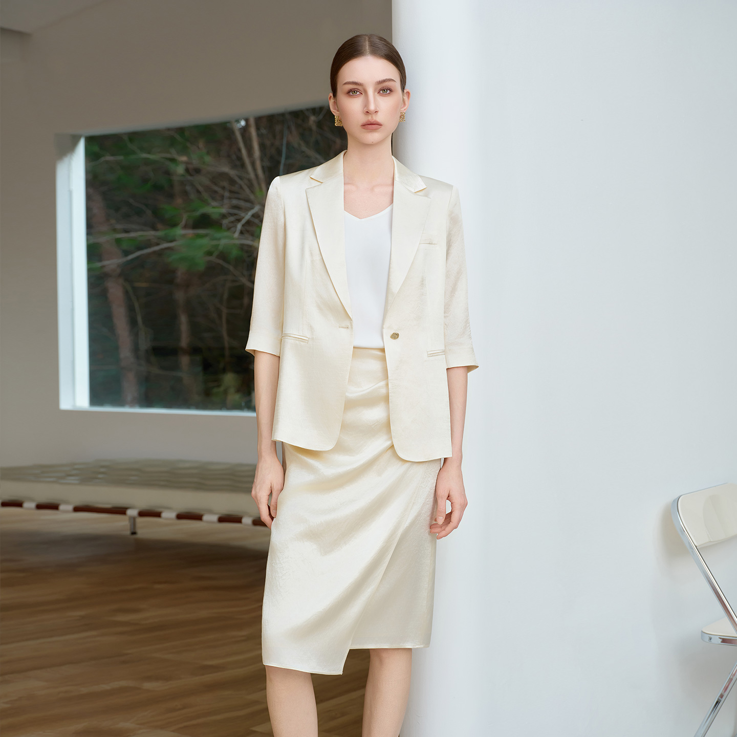 IWY/江南千金范米白色100%醋酸西装套装女富家穿搭套裙6CS08