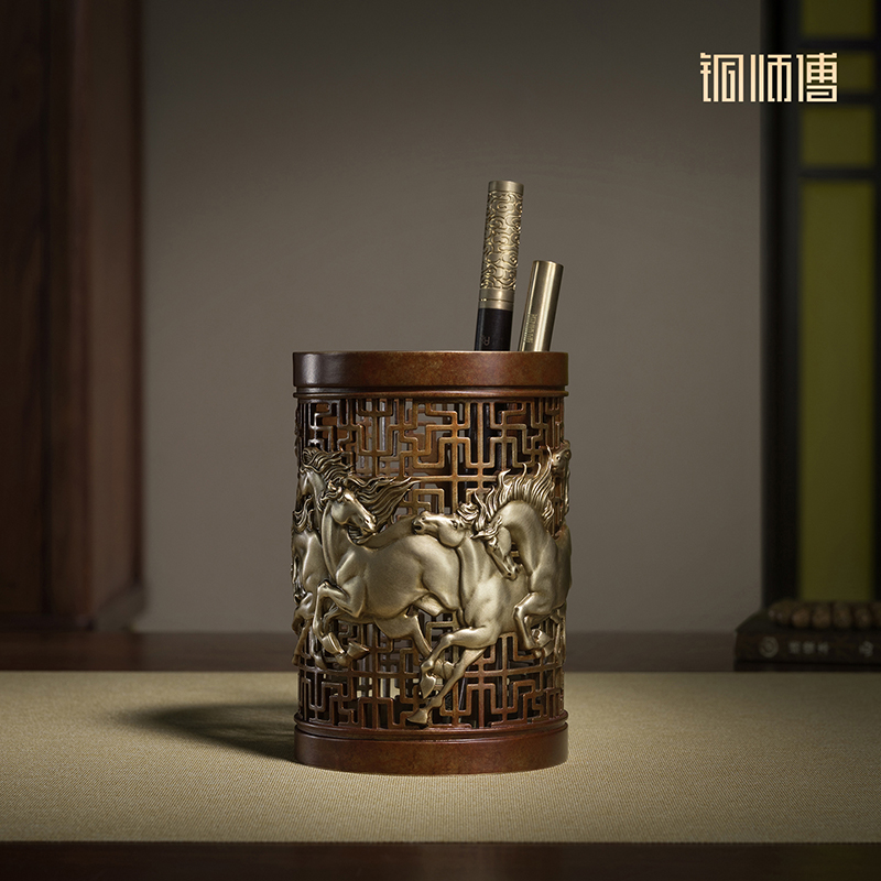 铜师傅《八骏笔筒》书房客厅铜摆件 家居工艺品 老师礼物