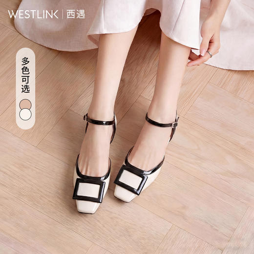 西遇浅口单鞋女2026夏季新款方扣中空凉鞋法式方头亮面不累脚皮鞋V0666394 商品图1