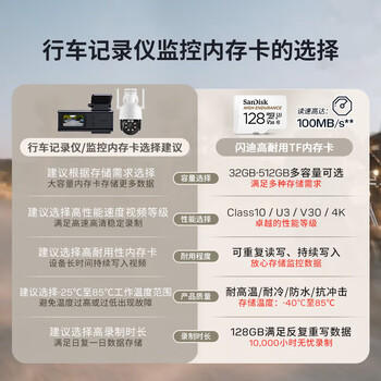 闪迪（SanDisk）128GB TF（MicroSD）4K内存卡 行车记录仪 监控摄像头专用 循环录制10,000小时 高耐用存储卡 商品图0