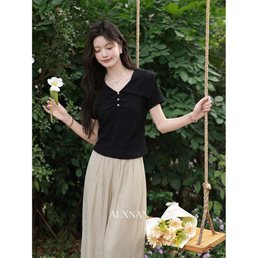 鹿向南「浅夏微光」气质翻领黑色T恤女夏季新款修身显瘦短袖上衣 商品图1