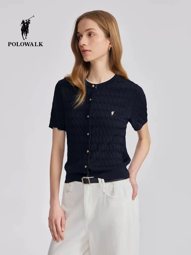 XY / POLOWALK女式短袖针织衫复古绞花开衫百搭潮流半袖T恤