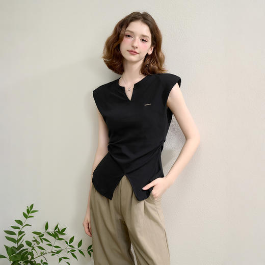优雅气质通勤风小V领开叉T恤女夏季抽褶收腰背心上衣LXD50652 商品图1