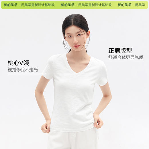 （☀️夏日狂欢）「棉的美学」V领竹节肌理短袖T恤女简约气质修身显瘦通勤休闲上衣 商品图2