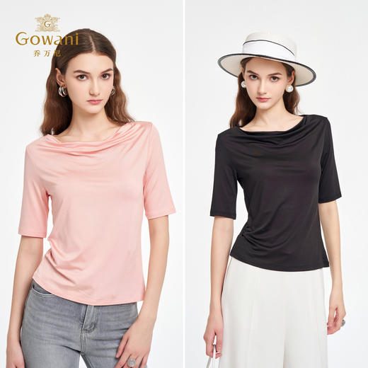 乔万尼2026夏季新款荡领T恤女短袖修身显瘦上衣纯色气质款 商品图2
