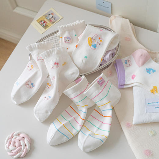 5双一组！蓝白色系春夏短袜棉袜女 可爱小狗蝴蝶结kt条纹 透气薄款 柔软舒适 百搭好看35-39码 商品图4