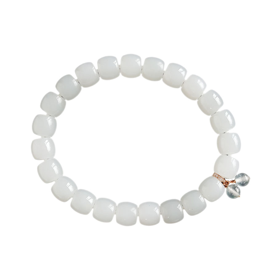 【天然正品】天然新疆料细腻一级白油润度佳桶珠约8.3*7.5MM和田玉配AU750白金镶钻镶翡翠配件手串8.3*7.5MM（皆取最大值）250326NJS09