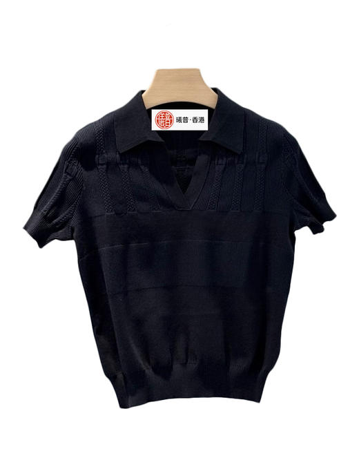 女款绞花针织V领短袖上衣la 商品图0