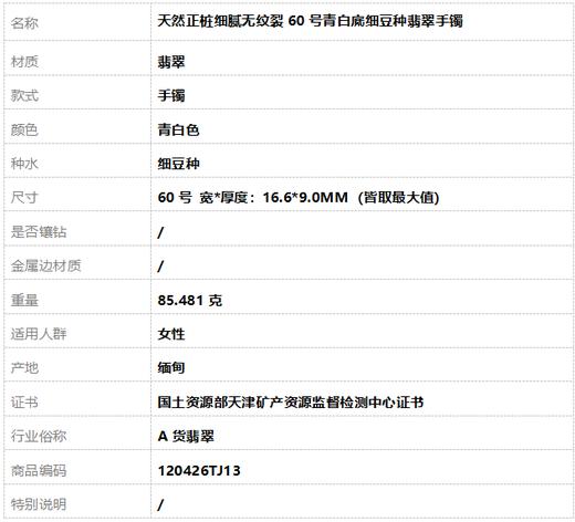 【天然正品】A货翡翠天然正桩细腻无纹裂60号青白底细豆种翡翠手镯60号120426TJ13 商品图7