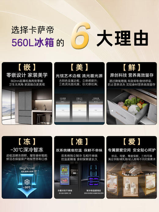 卡萨帝（Casarte）原石560L法式多门冰箱MSA氮氧保鲜一级能效双系统主动除菌玻璃面板 BCD-560WGCFDA4GUU1 商品图2